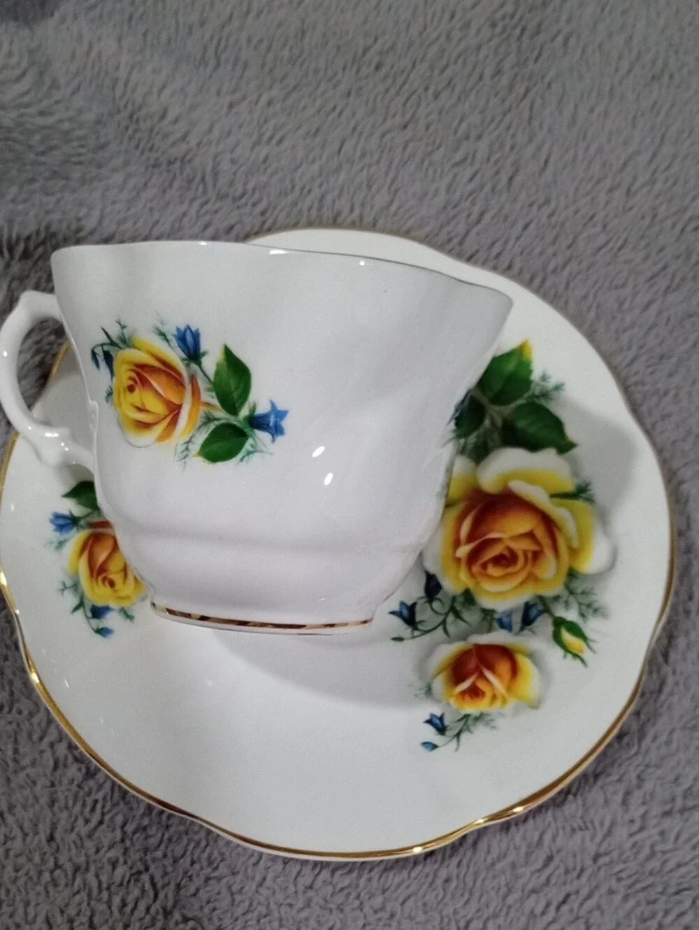 Antique Made In England Teacup Duo with Yellow Rose Floral Design and Gold Trim